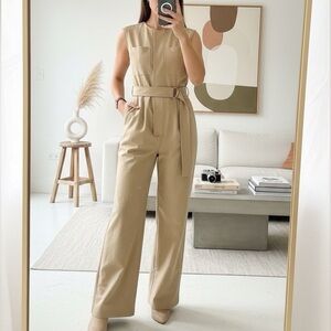 OSMOSIS Japanese Sleeveless Belted Wide-Leg Utility Jumpsuit in Light Tan Khaki